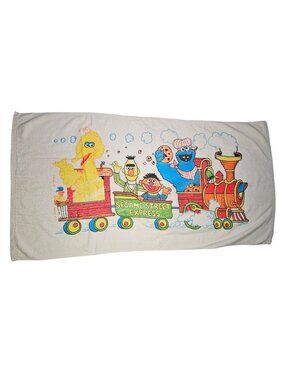 Sesame Street Vintage Express Train Beach Bath Towel 48x24" White Cotton *Stains